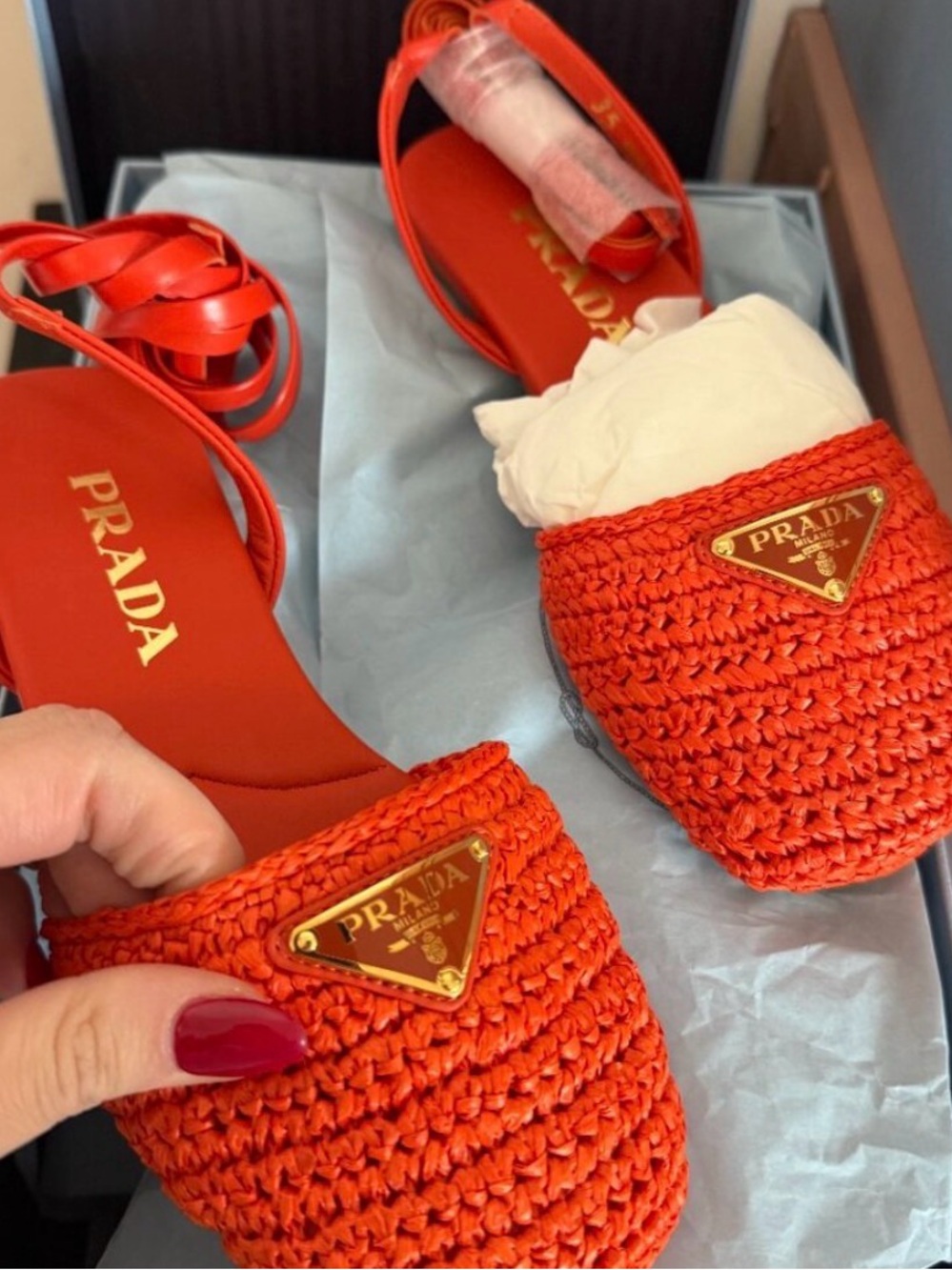 Prada Women’s Orange Raffia Lace-Up Flat Espadrilles Authentic NIB Size 5 - Picture 6 of 9